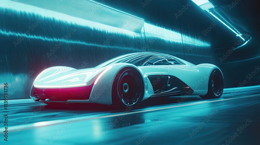 Naklejka premium Futuristic Sports Car Speeds Through Neon Tunnel