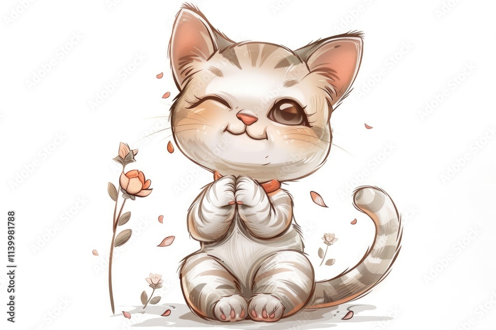 Fototapeta premium Illustration of cute striped lovely gray kitty sitting with flowers