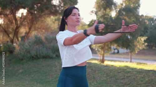 Outdoor fitness session with resistance band in park on sunny day. Athletic female engages in workout using resistance bands, surrounded by lush park landscape