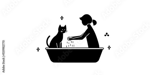 Individual bathing a cat at home, using water and shampoo for effective cleanliness, Vectorized Art
