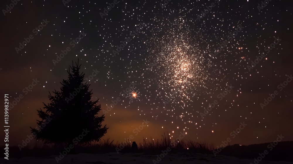 8. A serene night sky filled with stars and fireworks, with a silhouette of a Christmas tree in the foreground