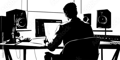 Artist writing lyrics in a notebook while seated at a recording studio, Vectorized Art