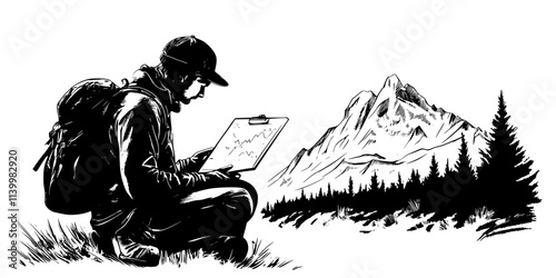 Backpacker studying elevation charts for an upcoming hike in a mountainous area, Vectorized Art