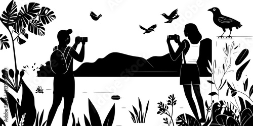 Enthusiasts capturing images of birds, emphasizing their actions and interactions in the environment, Vectorized Art
