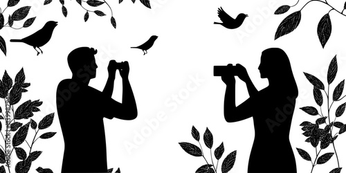 Birdwatchers framing shots with natural elements to capture bird behavior authentically, Vectorized Art