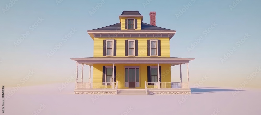 Yellow two-story house with porch, windows, and chimney. Yellow two-story house with porch, windows, and chimney.