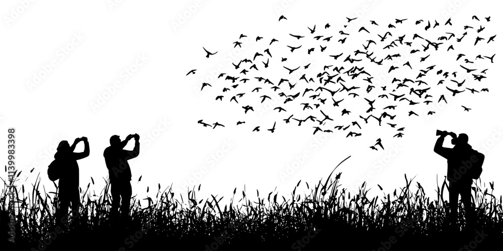 Enthusiasts scanning the skies for large flocks of migratory birds heading to wintering or breeding grounds, Vectorized Art Enthusiasts scanning the skies for large flocks of migratory birds heading to wintering or breeding grounds, Vectorized Art
