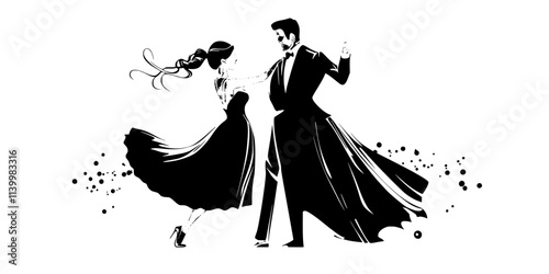 Couples dancing elegantly in formal attire during a ballroom competition, Vectorized Art