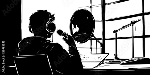 Engineer adjusting microphone placement in a studio for optimal sound capture, Vectorized Art