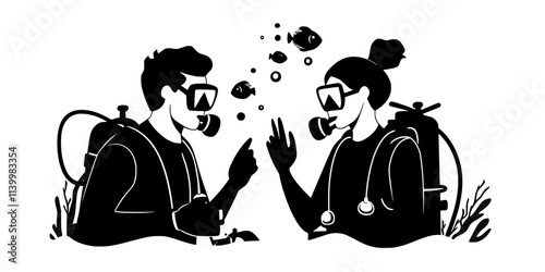 Diver preparing to descend into the water with an instructor for a guided scuba diving tour, Vectorized Art