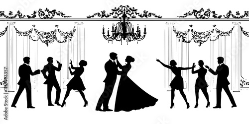Dancers rehearsing their choreography in a decorated ballroom setting, Vectorized Art