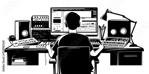 Engineer adjusting MIDI settings while producing tracks on a computer, Vectorized Art
