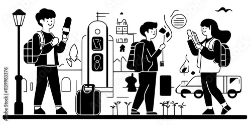 Engineer recording sounds of a busy street with portable recording equipment, Vectorized Art