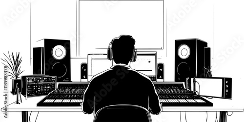 Engineer recording vocals in a professional studio with soundproof walls, Vectorized Art