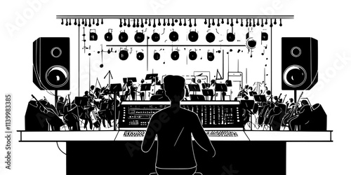 Engineer capturing the sound of a full orchestra during a live performance, Vectorized Art