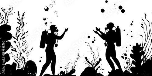 Diver signaling to a partner before descending underwater for a scuba dive, Vectorized Art