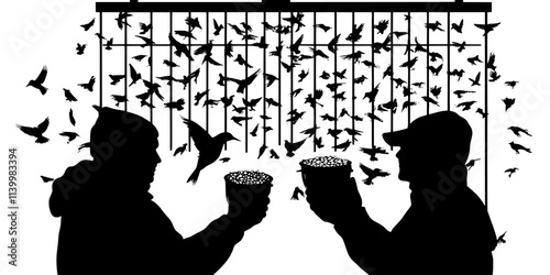 Enthusiasts refilling feeders with appropriate seeds to keep birds returning year-round, Vectorized Art