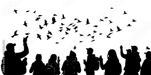 Enthusiasts participating in annual migration counts, tracking the number of birds passing through areas, Vectorized Art
