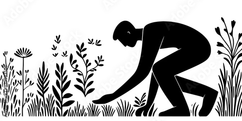 Gardener arranging plants by function to build a sustainable permaculture system, Vectorized Art