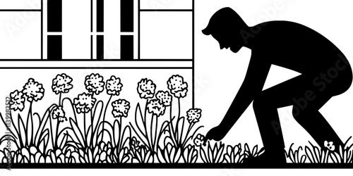 Gardener adding flowering herbs to a pollinator garden in a front yard, Vectorized Art