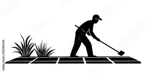 Gardener cleaning a garden path to prepare for new paving materials, Vectorized Art