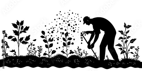 Gardener applying organic mulch around plants in a home vegetable garden, Vectorized Art