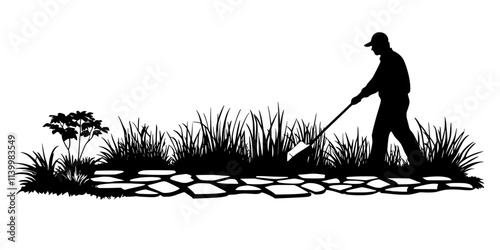 Gardener edging a stone path with bricks in a residential garden, Vectorized Art