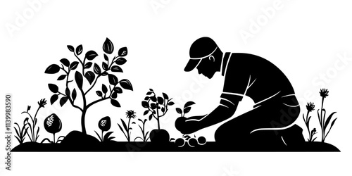 Gardener planting fruit trees along the perimeter of a residential garden, Vectorized Art