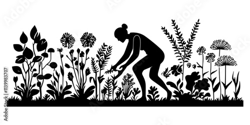 Gardener planting diverse crops in layers to mimic natural ecosystems in a backyard, Vectorized Art
