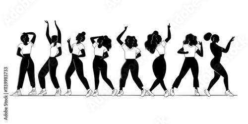 Groups of dancers practicing together, focusing on choreography in a dance studio, Vectorized Art