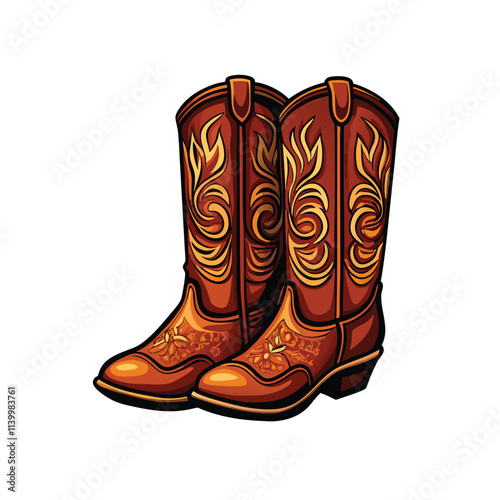 Close-up shot of classic brown leather cowboy boots featuring intricate decorative stitching detail.  Highlight the boot's craftsmanship and texture.