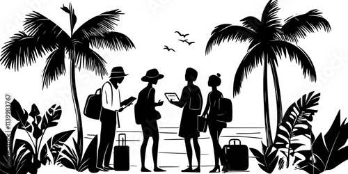 Group member reviewing travel insurance policies for group vacation online, Vectorized Art