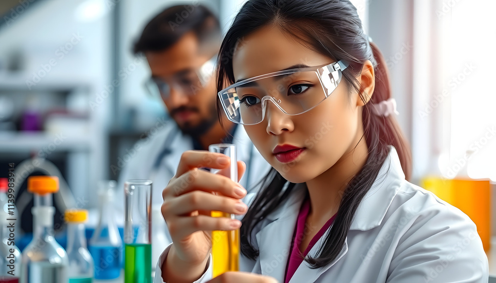 Focused female Asian laboratory scientist in lab coat and safety goggles mixing colored liquid in tubes, male African-American and male Latin-American colleagues working in background isolated with 