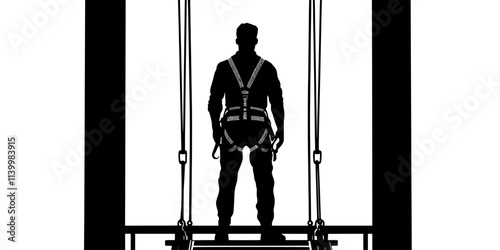 Individual checking harness attachments before stepping onto a bungee jumping platform, Vectorized Art