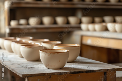 A photo of glazed pottery in a ceramics workshop. In the background, pots waiting to go into the kiln on a shelf.