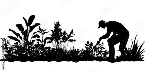 Person cleaning excess algae off plant leaves in a heavily planted aquarium, Vectorized Art