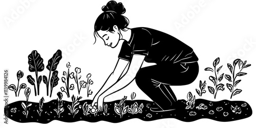 Individual planting heirloom seeds in an organic garden plot at home, Vectorized Art