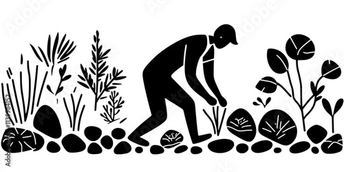 Individual placing decorative pebbles along the edges of a garden trail, Vectorized Art