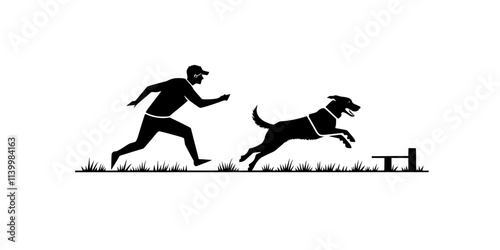 Individual practicing sharp turns with a dog during a fast-paced agility run, Vectorized Art
