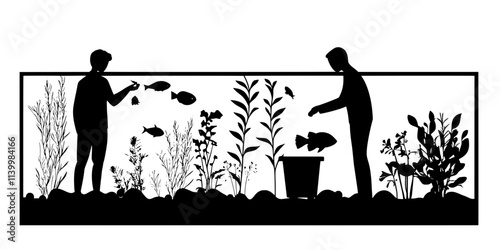 Person rearranging plant species in a planted aquarium to achieve balance, Vectorized Art