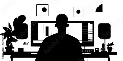 Individual reviewing recorded tracks on a computer screen in a studio, Vectorized Art