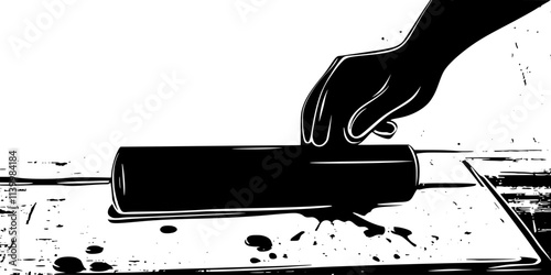 Individual rolling ink onto a linocut block for transferring the design to paper, Vectorized Art