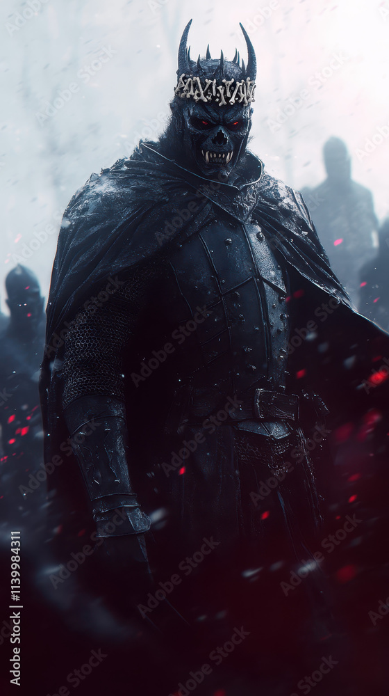 Fototapeta premium dark armored figure with crown stands menacingly