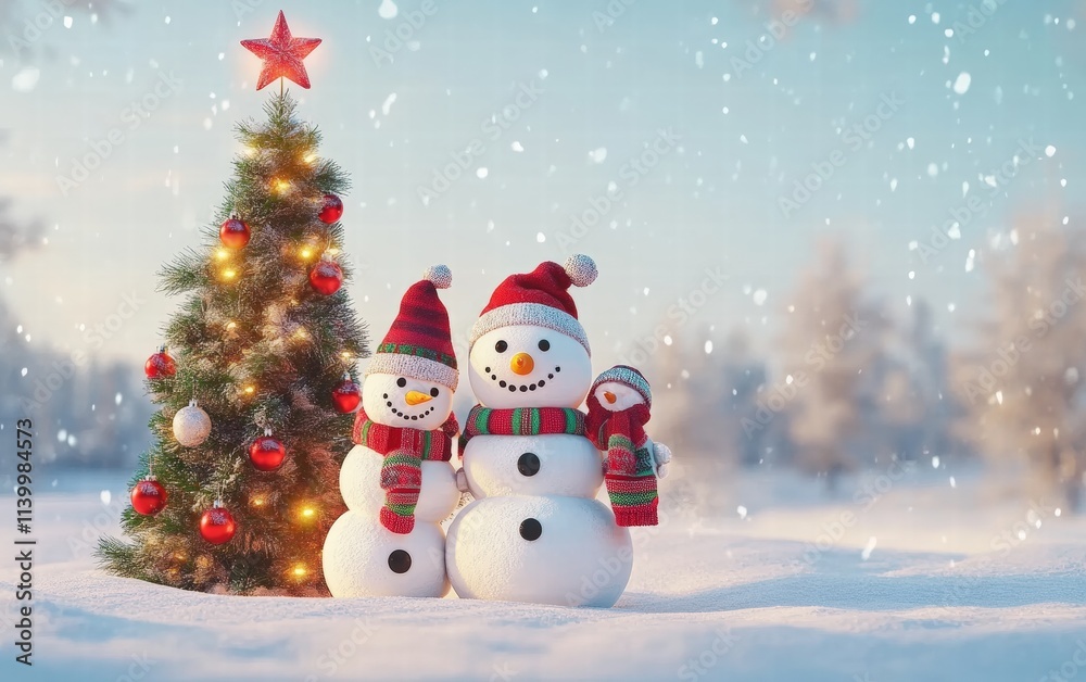 Fototapeta premium Christmas holiday - Snowman family with colorful scarves beside a decorated Christmas tree in snowy landscape