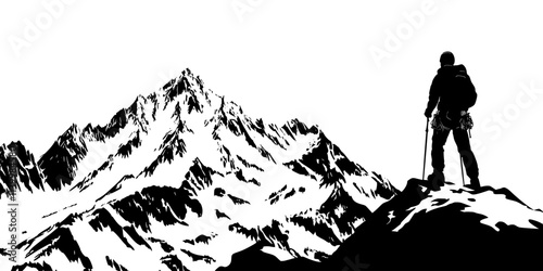 Mountaineer reviewing safety protocols before attempting a summit climb in cold conditions, Vectorized Art
