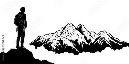 Mountaineer reviewing weather conditions for a planned ascent before starting the climb, Vectorized Art