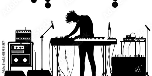 Musician adjusting settings on equipment while performing on stage, Vectorized Art