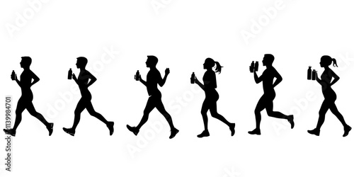 Participants hydrating at water stations during a training run, Vectorized Art