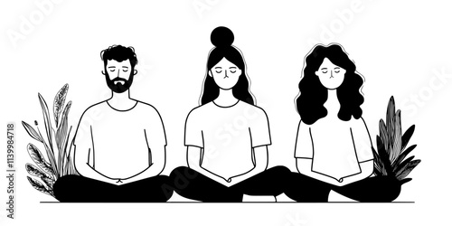 Participants enjoying a moment of silence during a mindfulness session, Vectorized Art