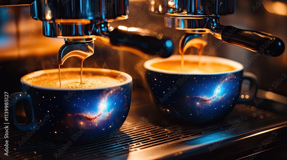 Cosmic Coffee Brewing In Espresso Machine Cups Cosmic Coffee Brewing In Espresso Machine Cups